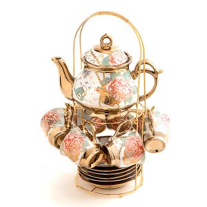 Ceramic Coffee Set with Gold Floral Motif - Teapot Cups and Saucers Rack Spoons with Gold Floral Motif