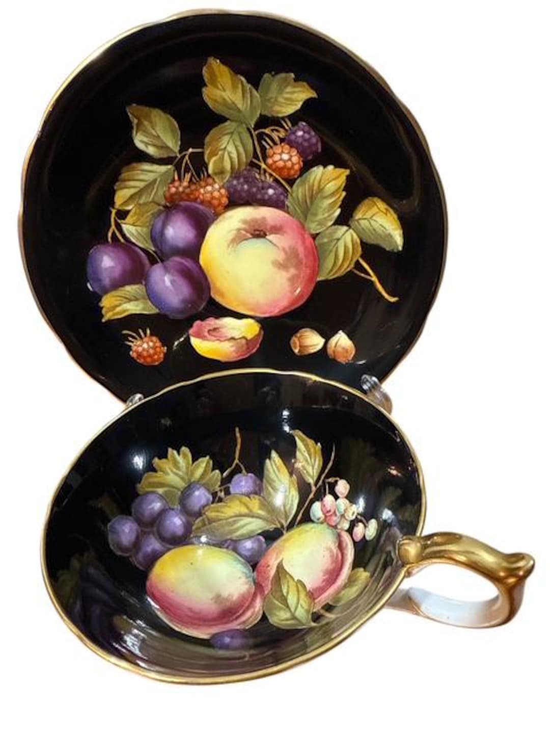 Vintage Aynsley 1174 England Black Fine Bone China Orchard Fruit