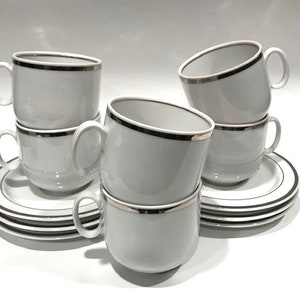 Set of Six Small Vintage Scherzer Bavaria Germany White Porcelain Teacups and Saucers