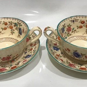 Paar Vintage Copeland Spode Royal Jasmin Muster Creme Suppenschalen und Untertassen