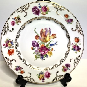 Plato de porcelana vintage H&C Selb Bavaria Heinrich Co Germany con motivos florales y detalles dorados