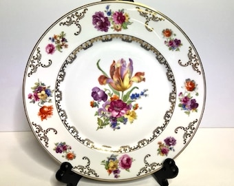 Vintage H&C Selb Bavaria Heinrich Co Germany Floral Motif Porcelain Plate with Gold Accents