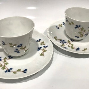 Pair of Vintage Jammet Seignolles Limoges France Cornflower Motif Demitasse Cups and Saucers
