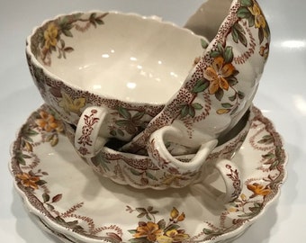 Set of Three Vintage Copeland Spode Floral Motif Cream Soup Bowls and Saucers