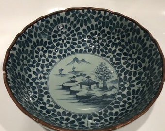 Vintage Asian White Blue Landscape Motif Porcelain Bowl Dish