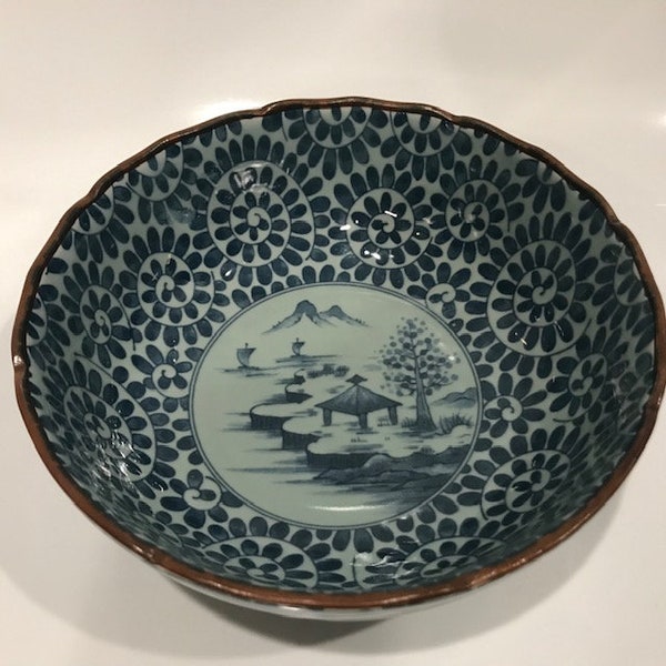 Vintage Asian White Blue Landscape Motif Porcelain Bowl Dish