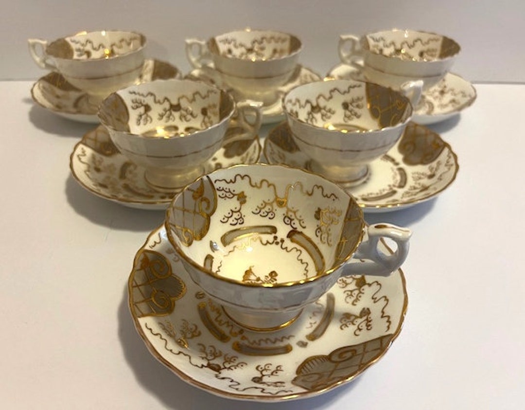 Set of Six Antique Rockingham Fine China England Teacups and Saucers ...