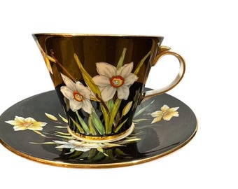 Vintage Aynsley B4073 England Black Fine Bone China Daffodils