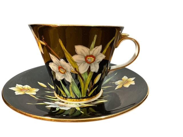 Vintage Aynsley B4073 England Black Fine Bone China Daffodils