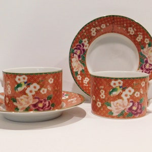 Pair of Vintage Japanese Bird and Floral Motif Cups and Saucers