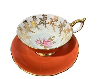 Vintage Aynsley 26 England Orange fint benporslin med fruktträdgårdsrosmotiv och gulddetaljer