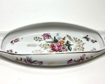 Vintage Floral Motif Celery Sunday Dish with Gold Accents