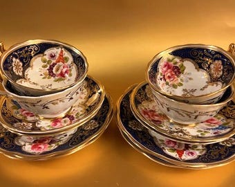 Set of Four Antique Allerton Ltd Old English Bone China Hand Painted Teacups Saucers and Dessert Plates with Gold Accents
