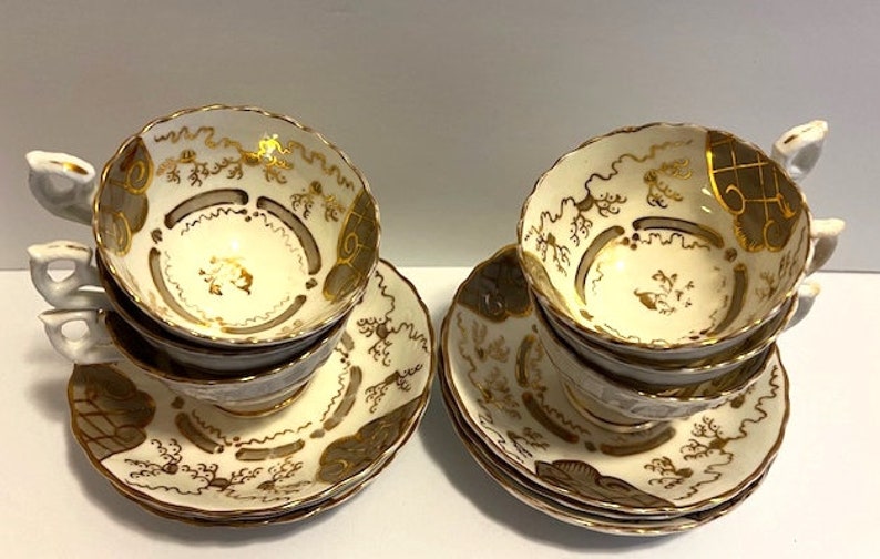 Set of Six Antique Rockingham Fine China England Teacups and Saucers ...