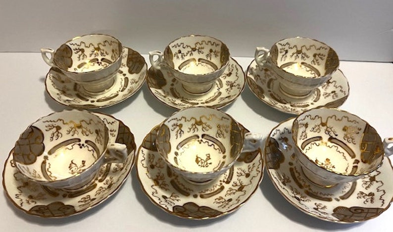 Set of Six Antique Rockingham Fine China England Teacups and Saucers ...