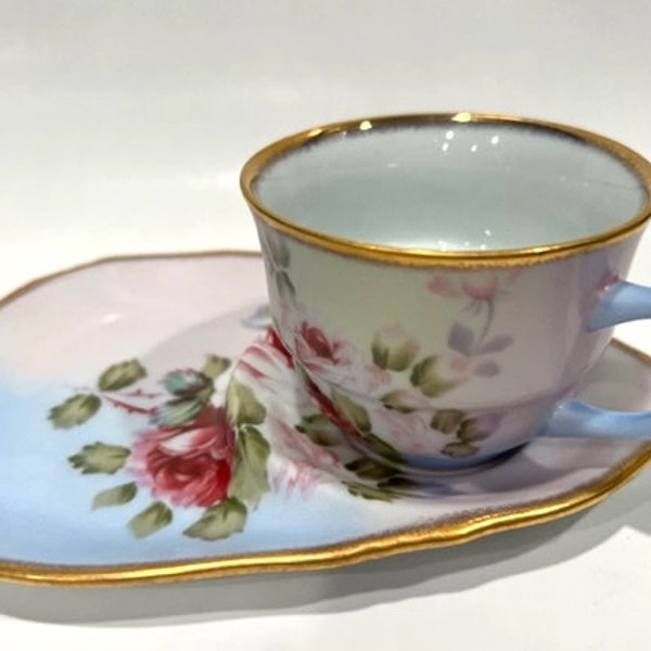 Vintage Nantucket China Floral Rose Motif Porcelain Teacup and Dessert Plate with Gold Accents