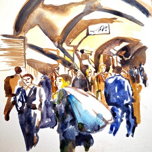 May include: Watercolor painting of a crowded indoor scene, possibly a market or station, with people walking under arched structures. The artwork uses shades of brown, blue, and yellow, with visible brushstrokes and a sense of movement.
