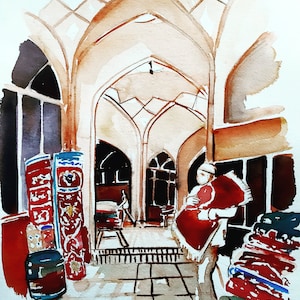 May include: A watercolor painting of a shop interior with a person holding a red rug. The shop has a vaulted ceiling and is filled with colorful rugs.