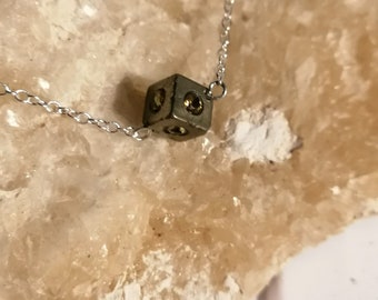 Pyrite cube pendant set with 6, brilliant cut, citrine gemstones. 18 inch sterling silver chain.
