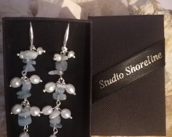 Aquamarine and white pearl 'Waterfall' earings with solid sterling silver ear hooks