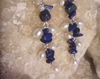 Lapis lazuli and natural, white, fresh-water pearl 'waterfall' earings. Sterling silver ear hook