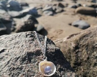 Aurora shell and pale silver blue, natural fresh-water pearl pendant