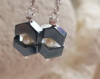 Hematite and pearl earings in solid sterling silver