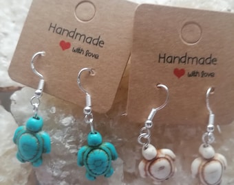 Cute, howlite, turtle earings, sterling silver ear hook, earings in white or turquoise