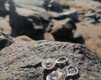 Aurora shell and natural fresh-water silver pearl earings in solid sterling silver