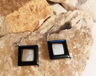 Hematite and mother of pearl, sterling silver, dangle earrings