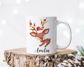 Reindeer Custom Name Christmas Mug, Christmas Mugs for Kids, Personalized Mugs for Kids, Holiday Mugs, Custom Mug, Christmas Gifts, 11 oz