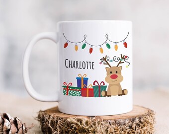 Reindeer Customized Name Mug, Christmas Mugs, Reindeer Mugs, Personalized Mugs,  Holiday Mugs, Funny Mugs, Christmas Gift, 11 oz