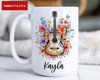 Music Teacher Gift, Music Teacher Cup, Custom Coffee Mug, Music Lover Gift, Floral Guitar Cup, Guitar Player Gift, Guitarist