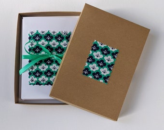 Set of 5 Hand-made Blank Cards - Japanese Blue/Green Fabric