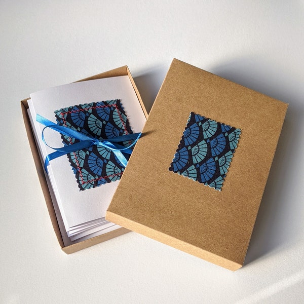 Set of 5 Hand-made Blank Cards - Japanese Wave Pattern Fabric