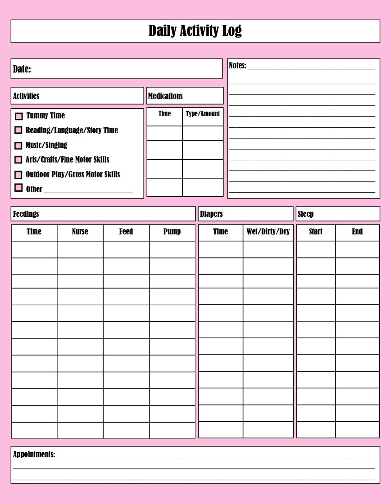 Daily Activity Log Girl Etsy