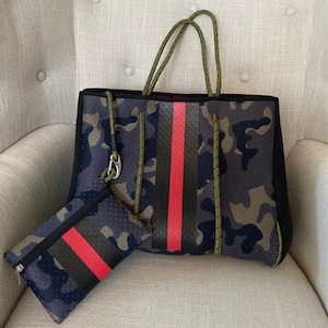 Camo,neoprene tote, with small pouch, daily purse, casual, travel, sports.