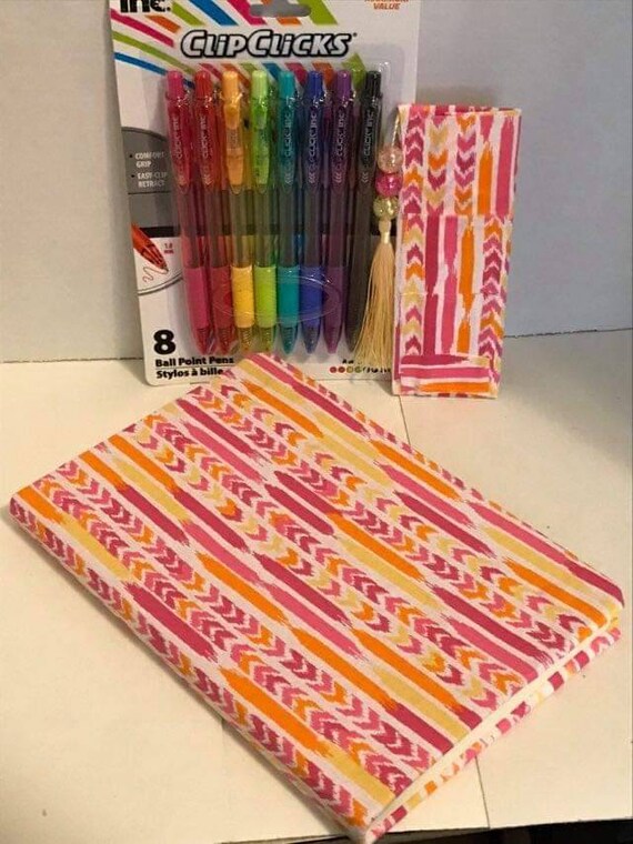 Colorful Fabric Covered Journal Pack of Multi-colored Pens 