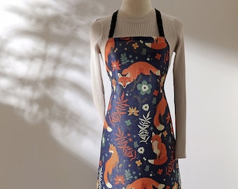 Orange and Navy Fox Apron, Colorful Forest Animal Winter Fox Cooking BBQ Unisex Apron Gift for Chef Animal Lovers