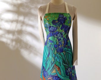 Van Gogh Blue Irises Floral Almond Blossom Garden Apron, Full Adult Apron Artful Ketchen Gift for Her