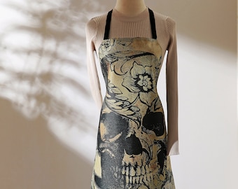 Vintage Skull Black and White Skulls Purple Mushroom KIss Skelton Unisex BBQ Apron Spooky Fun Kitchen Gift for Dad Father Husband