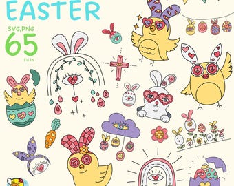 Może przedstawiać: Zestaw 65 ręcznie rysowanych ilustracji w stylu boho do wykorzystania jako grafika wektorowa na Wielkanoc. Ilustracje przedstawiają różne elementy związane z Wielkanocą, w tym króliki, kurczaki, jajka, tęcze i kwiaty. Ilustracje są utrzymane w jasnej i kolorowej stylistyce, z kapryśnym i groovy klimatem.