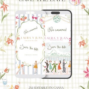 Puede incluir: Diseño de invitación de boda digital con el texto "Save the Date" y "Laura y Juan". El diseño incluye ilustraciones de figuras bailando, cócteles y elementos florales. El fondo tiene un patrón de cuadros.