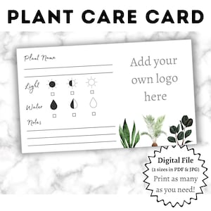 Tarjeta de cuidado de plantas con espacio para logotipo, tarjeta en blanco, imprimible, descarga digital, descarga instantánea - Estilo 1.