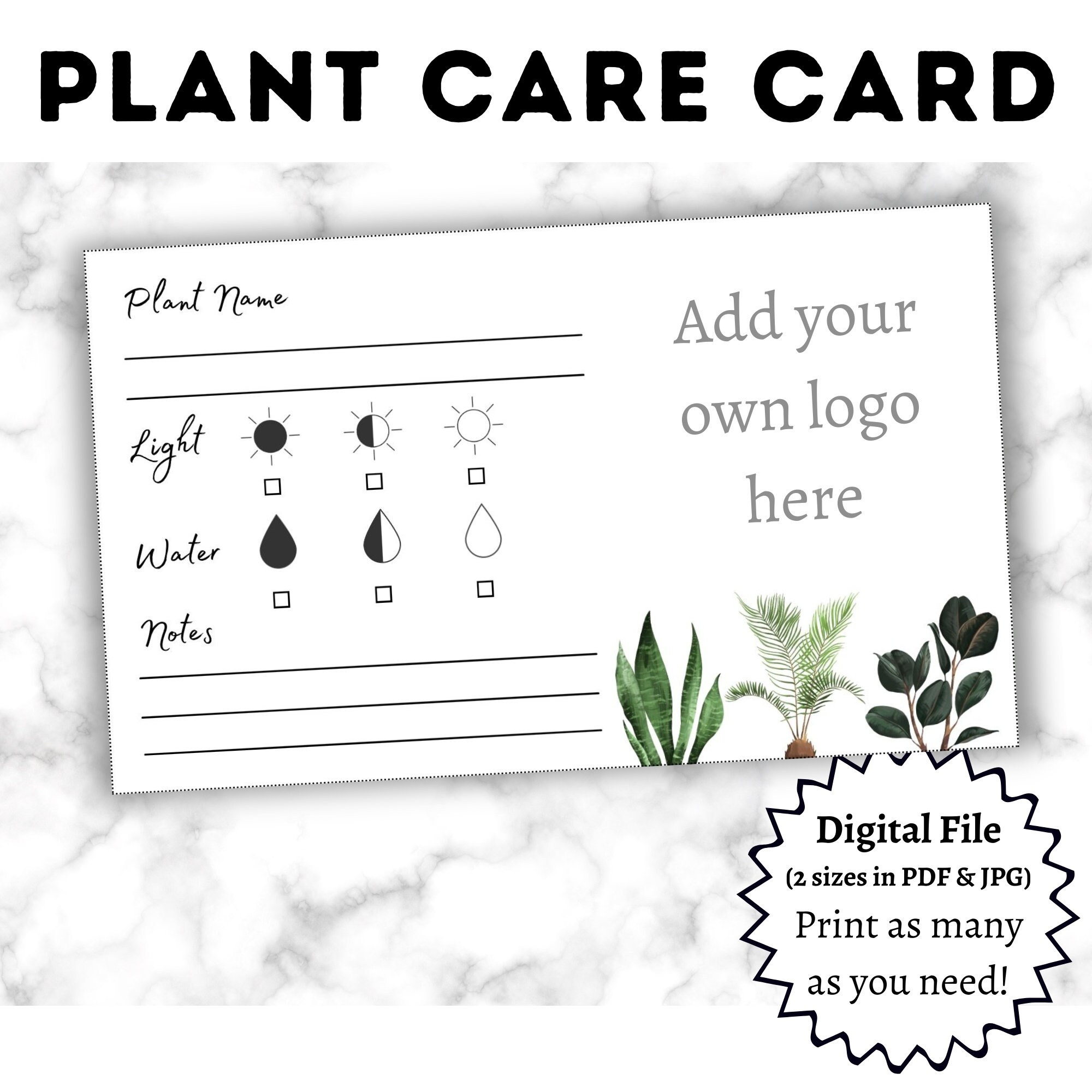 Plant Care Card with Space for Logo, Blank Card, Printable, Digital Download, Instant Download - Style 1.