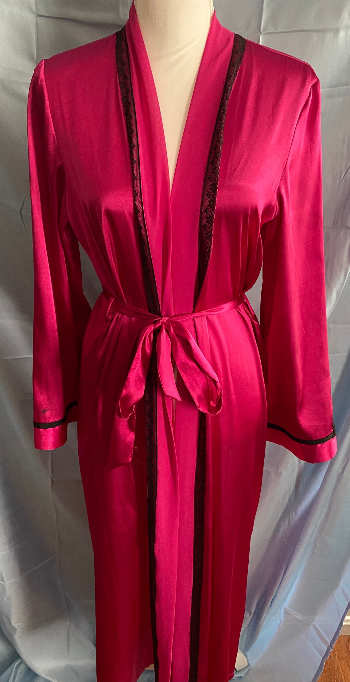 90s Magenta Floor Length Sleek Robe with Black Lace Accents | Etsy