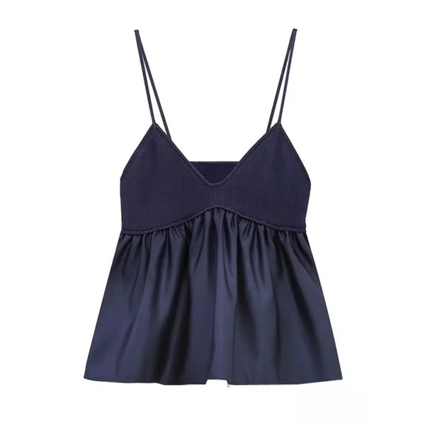 Navy Blue knitted Crop Top w/ Ruffle Bottom