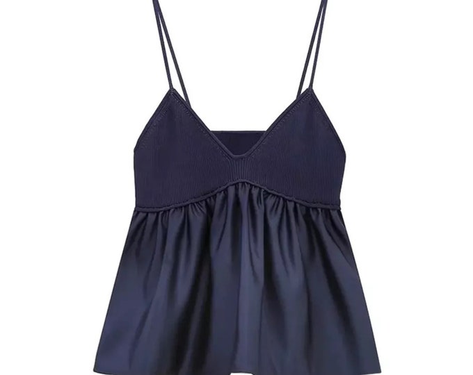 Navy Blue Knitted Crop Top W/ Ruffle Bottom - Etsy