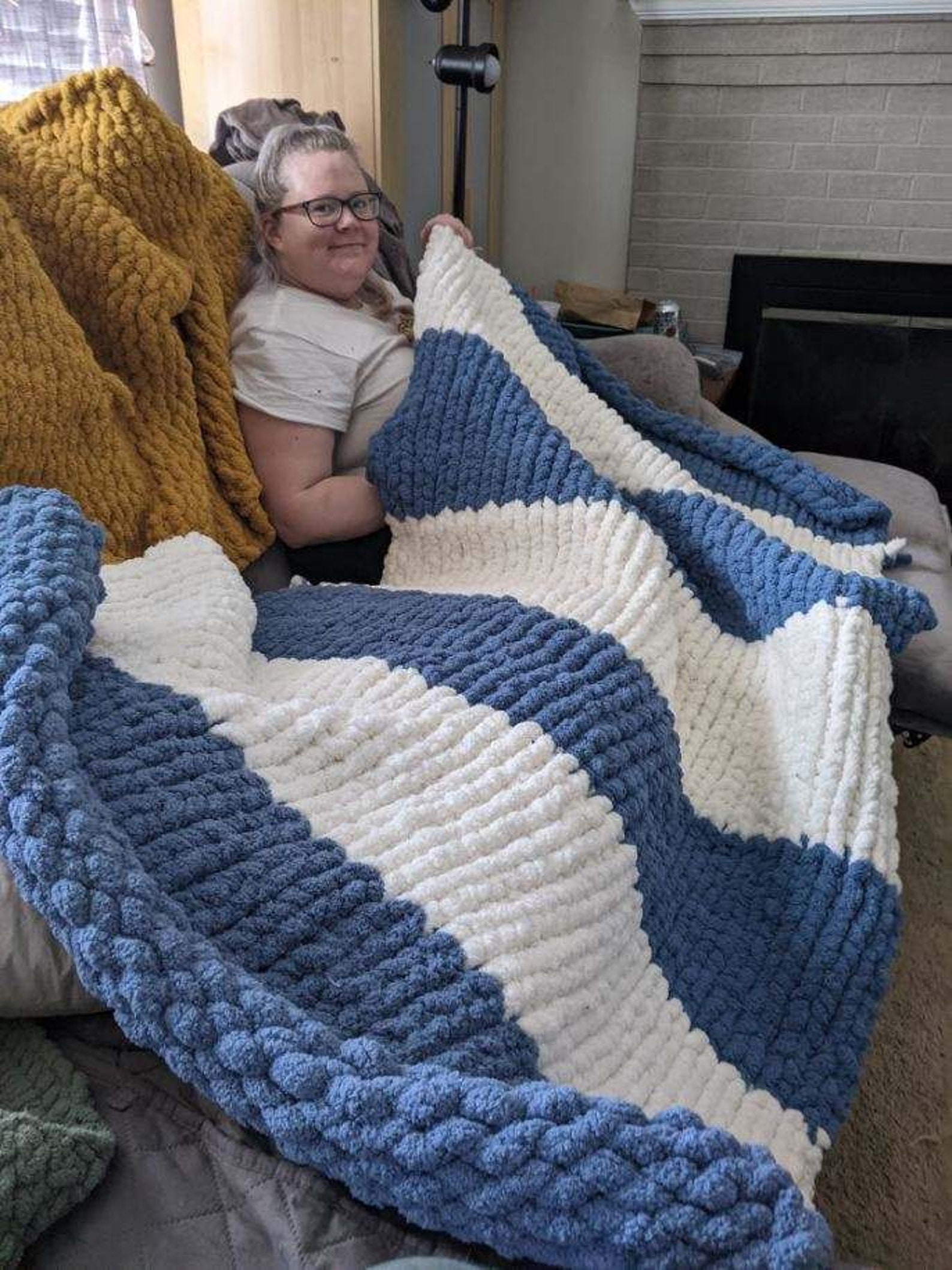 Blue & White Chunky Knit Blanket Etsy Israel