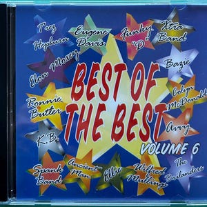 May include: A CD case with a blue background and the words "BEST OF THE BEST" in red and yellow. The cover features star-shaped graphics with artist names like "Funky D" and "Xtra Band". The volume number is "6".